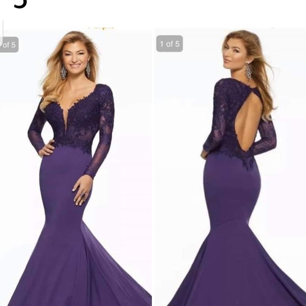 Mori Lee Deep Purple Long Sleeve Gown
